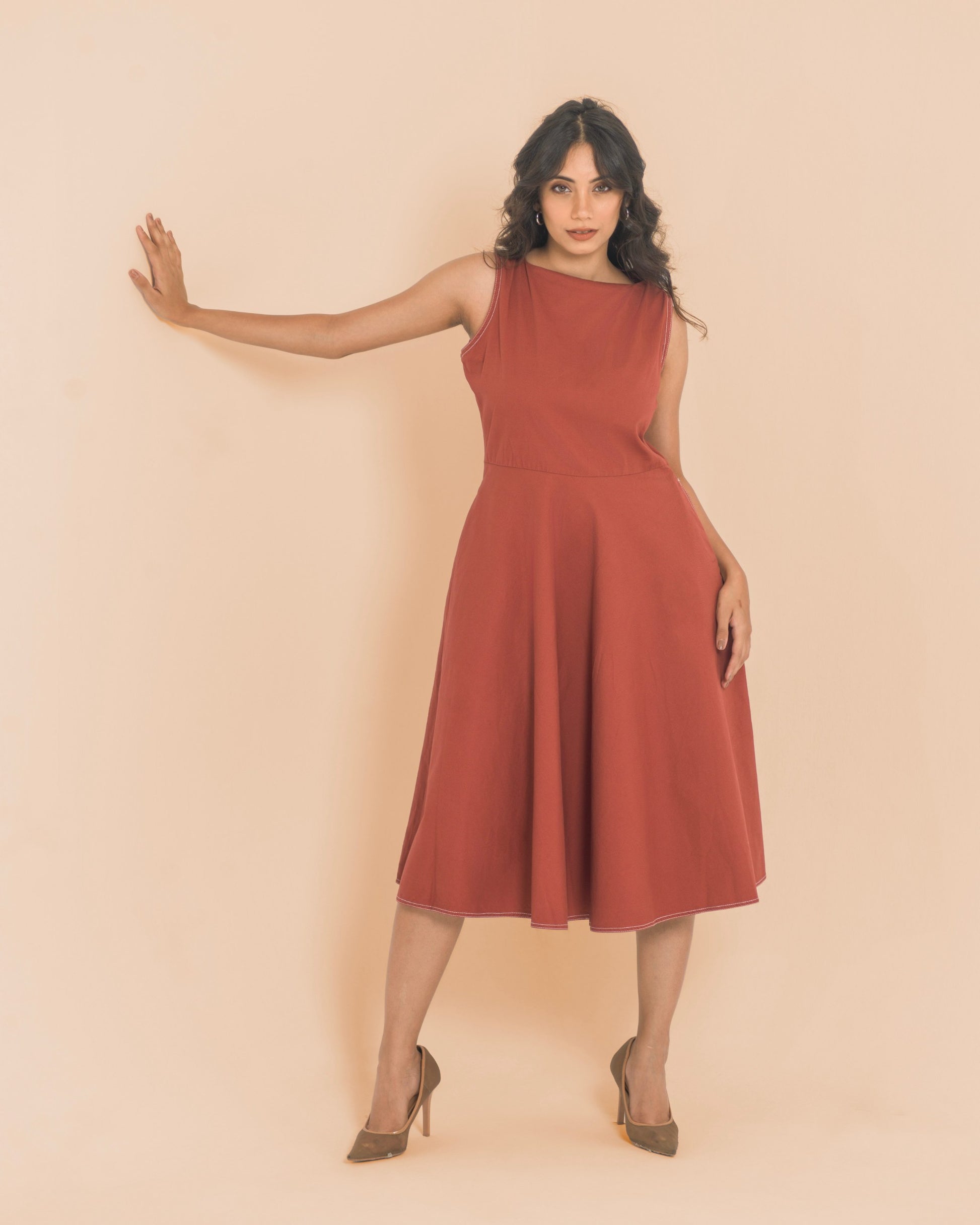 Onska Terracotta Flared Midi