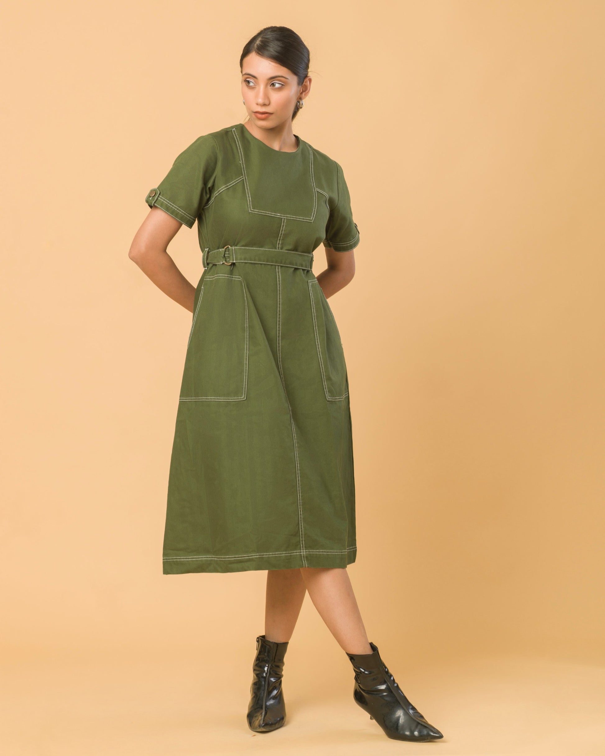 Onska Olive Belted Midi Dress