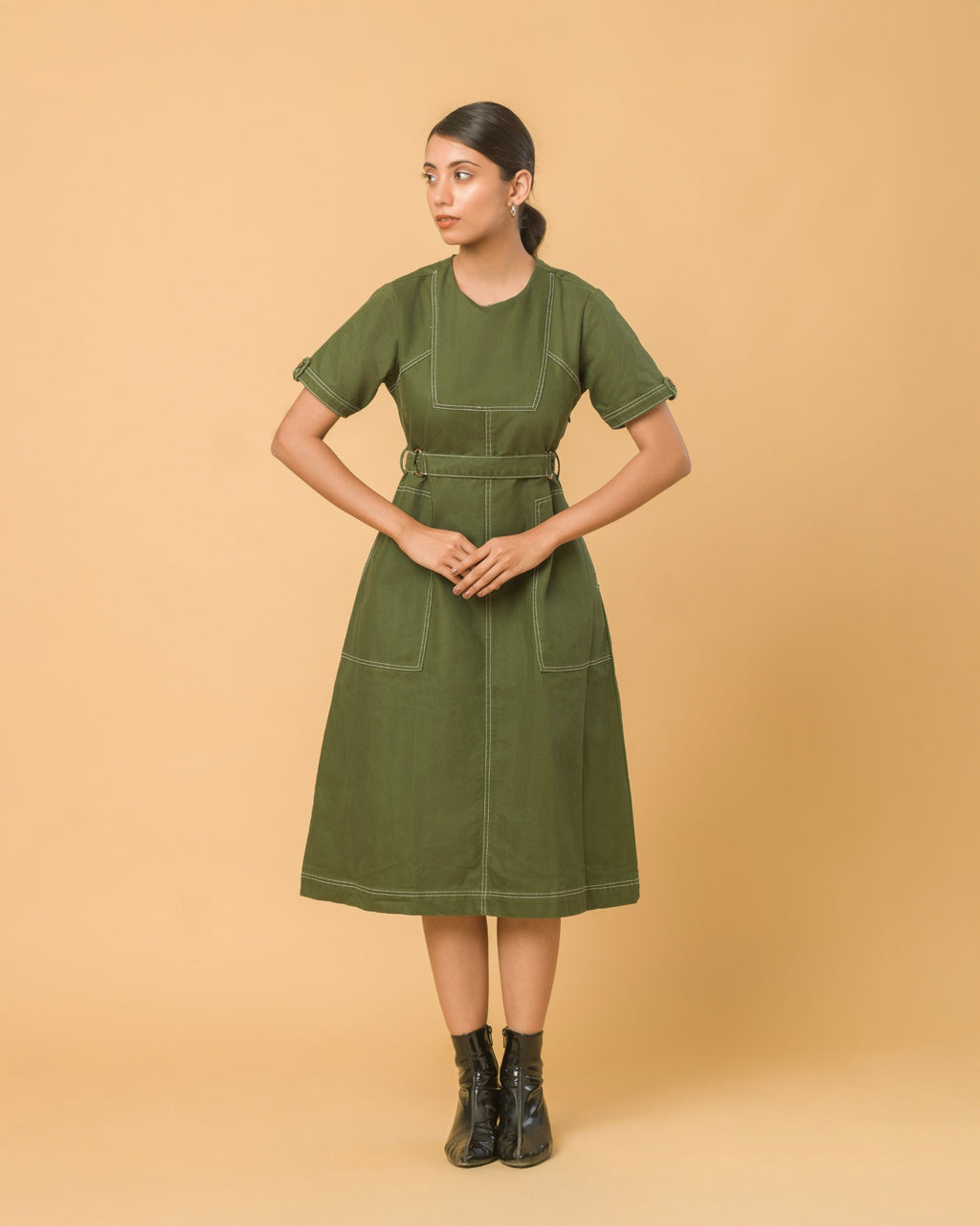 Onska Olive Belted Midi Dress