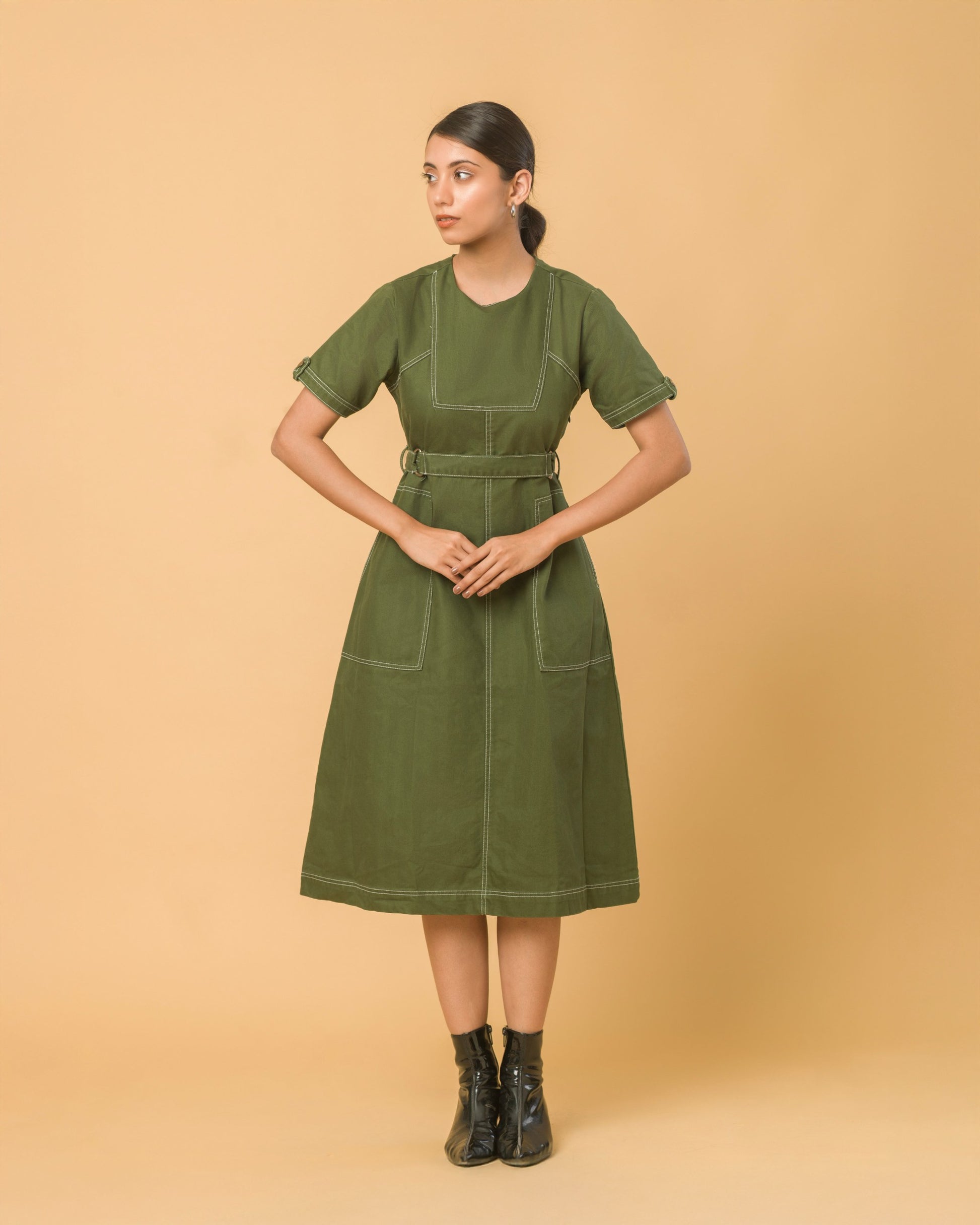 Onska Olive Belted Midi Dress