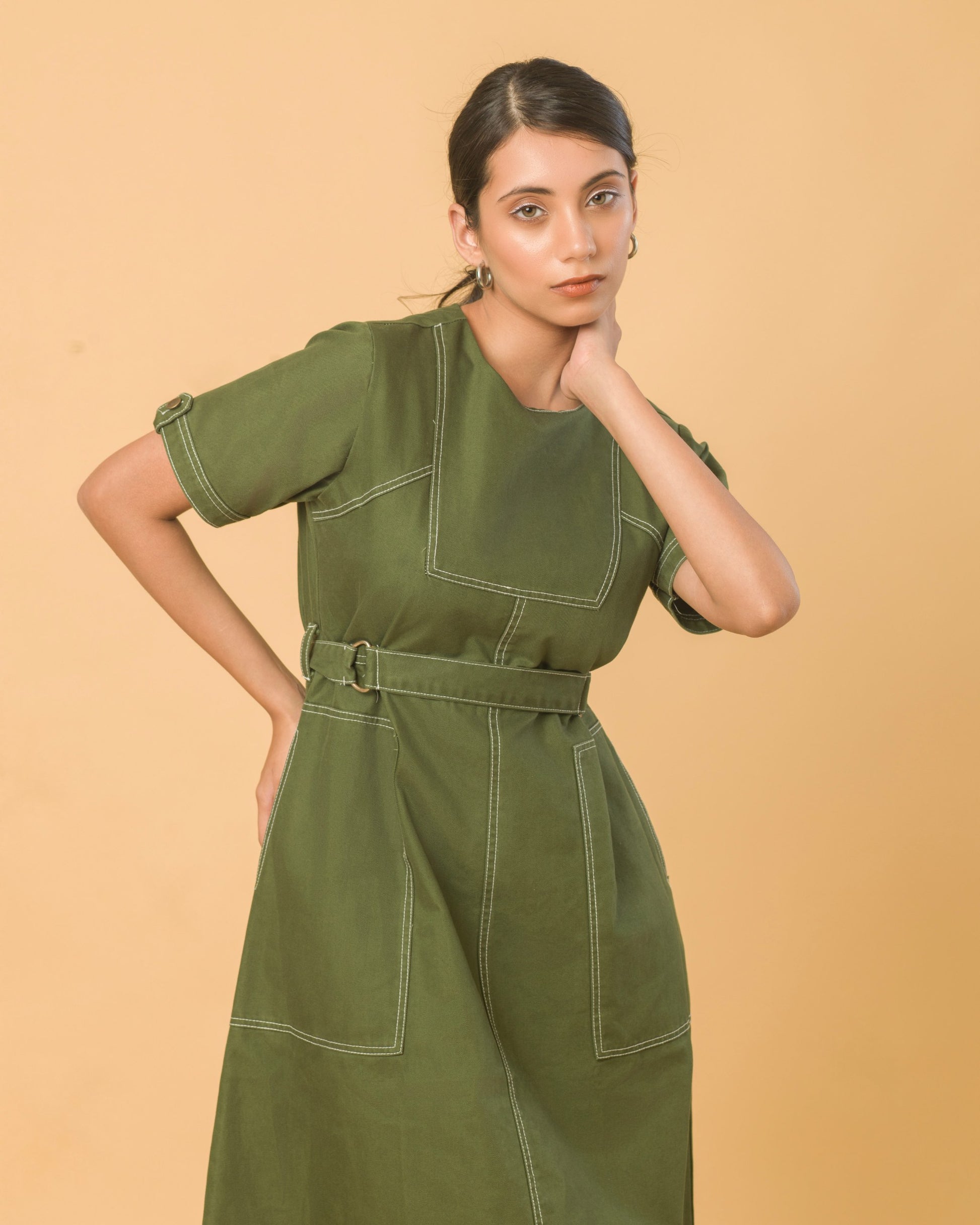 Onska Olive Belted Midi Dress