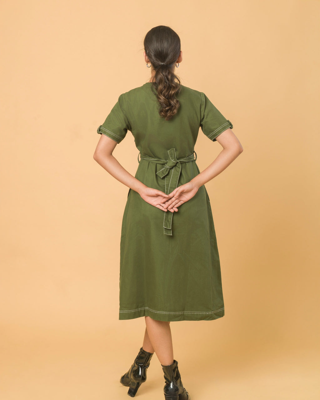 Onska Olive Belted Midi Dress