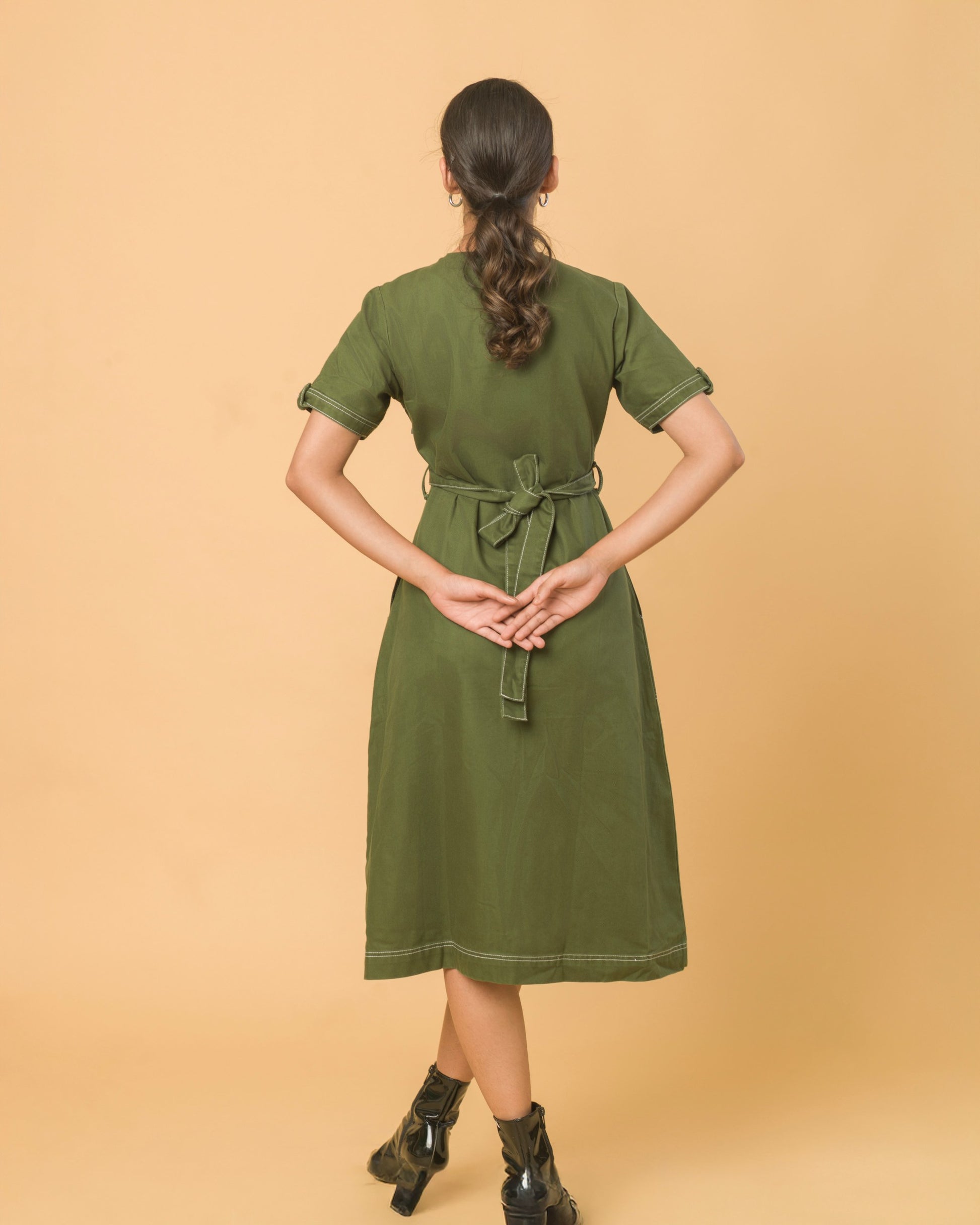 Onska Olive Belted Midi Dress