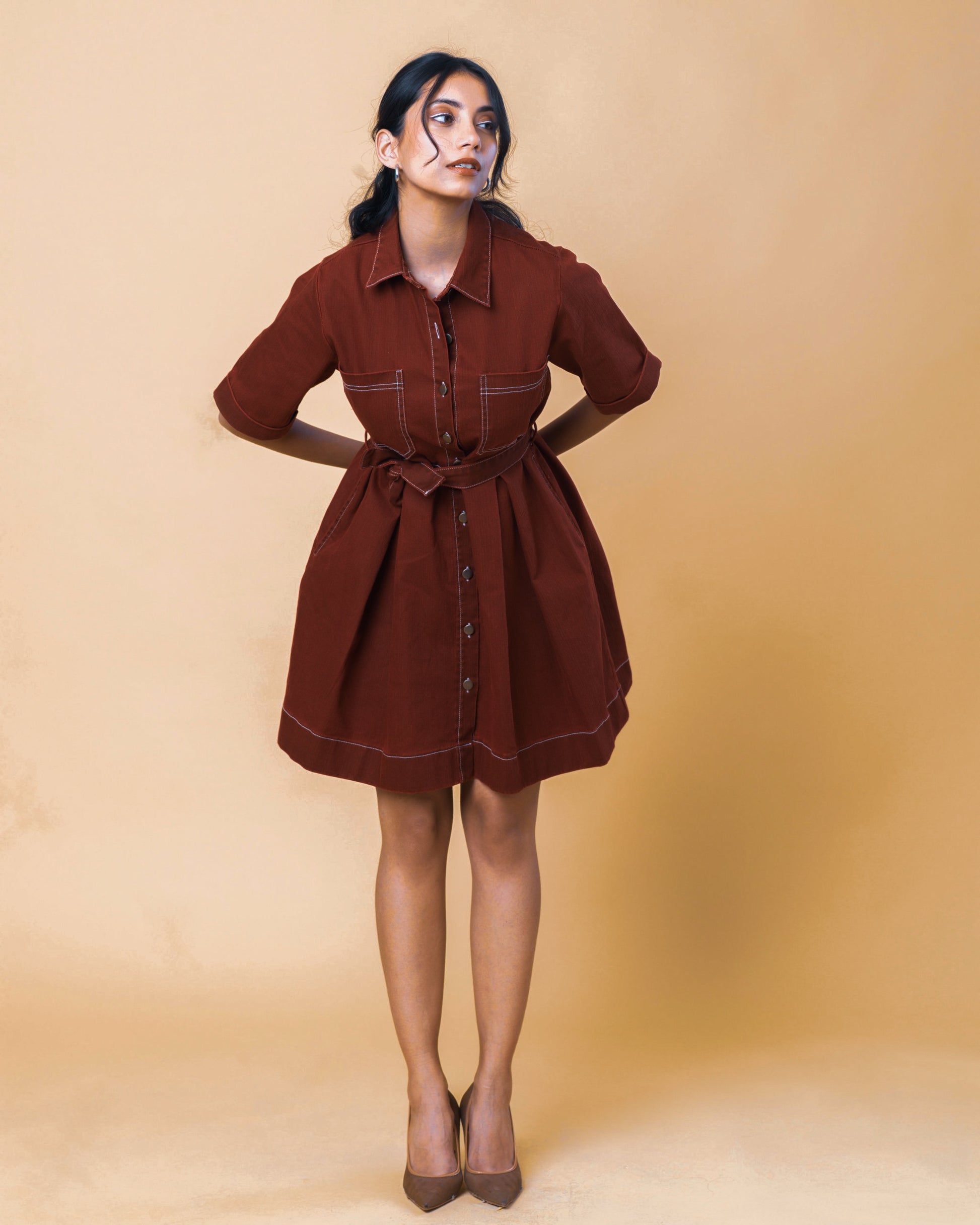 Onska Brick Belted Shirt Dress