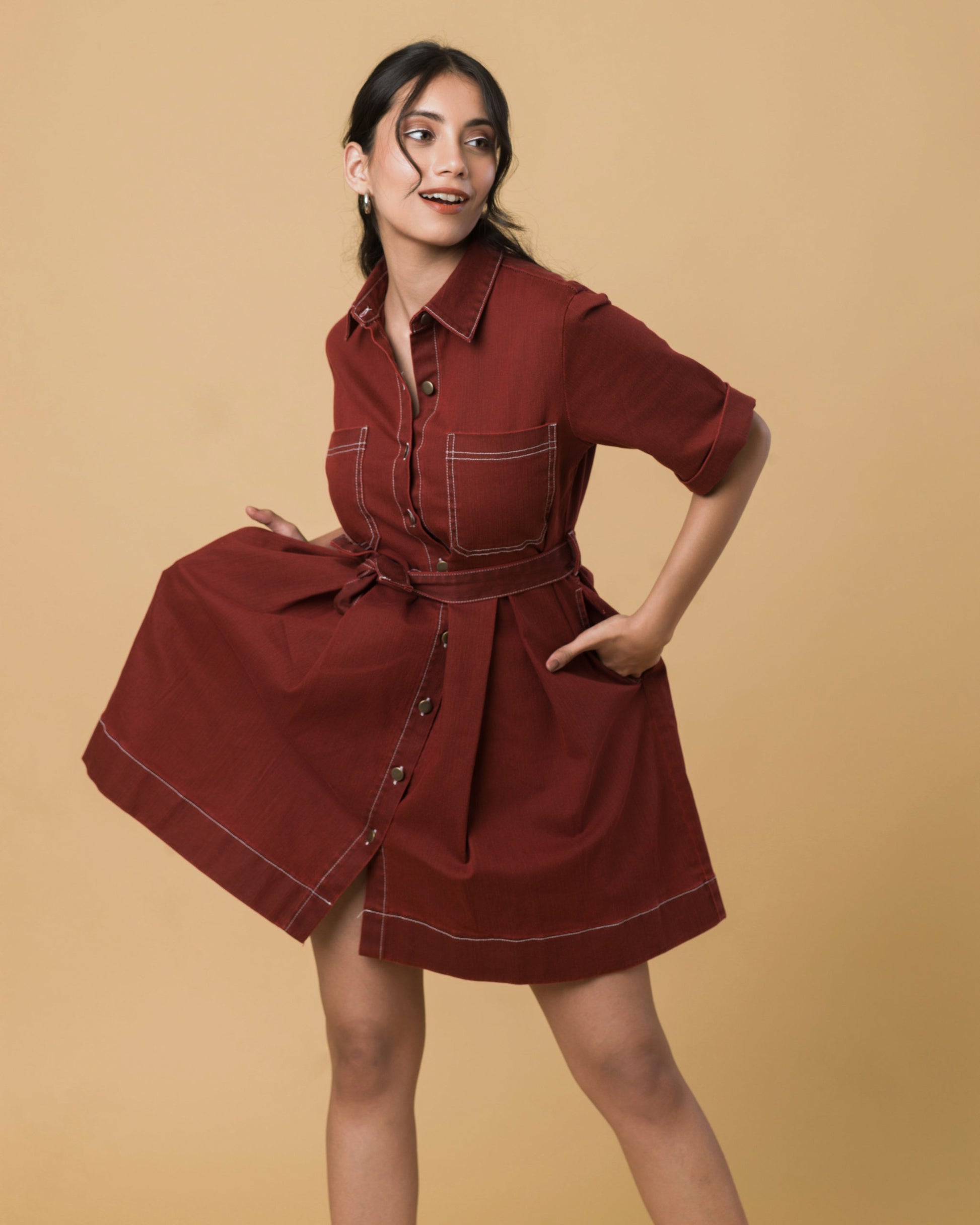 Onska Brick Belted Shirt Dress
