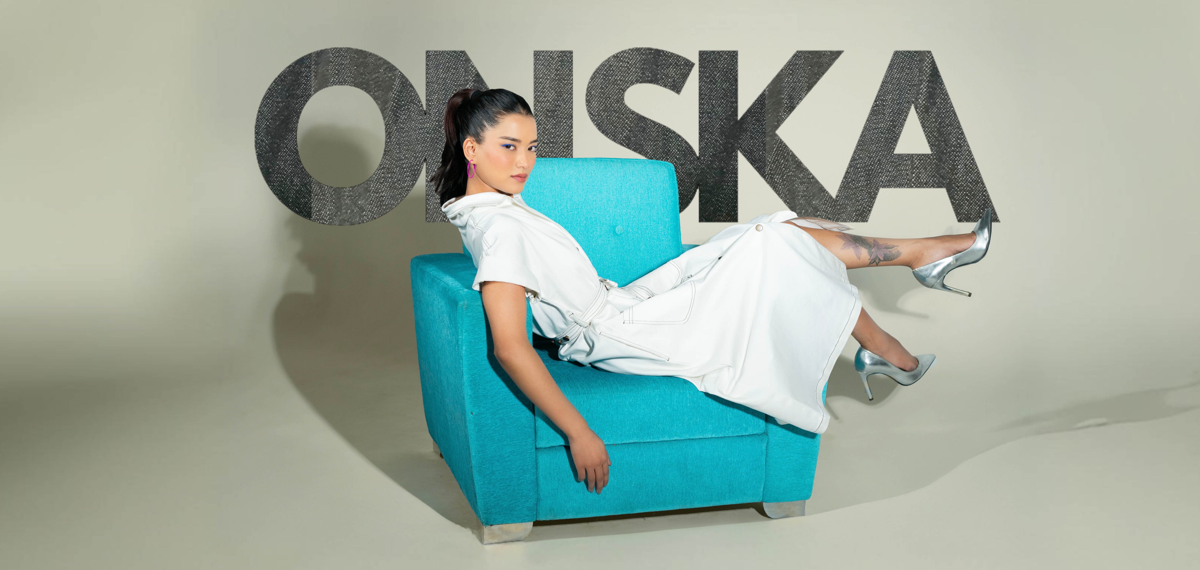 Onska Belted Shirt White Denim Dress