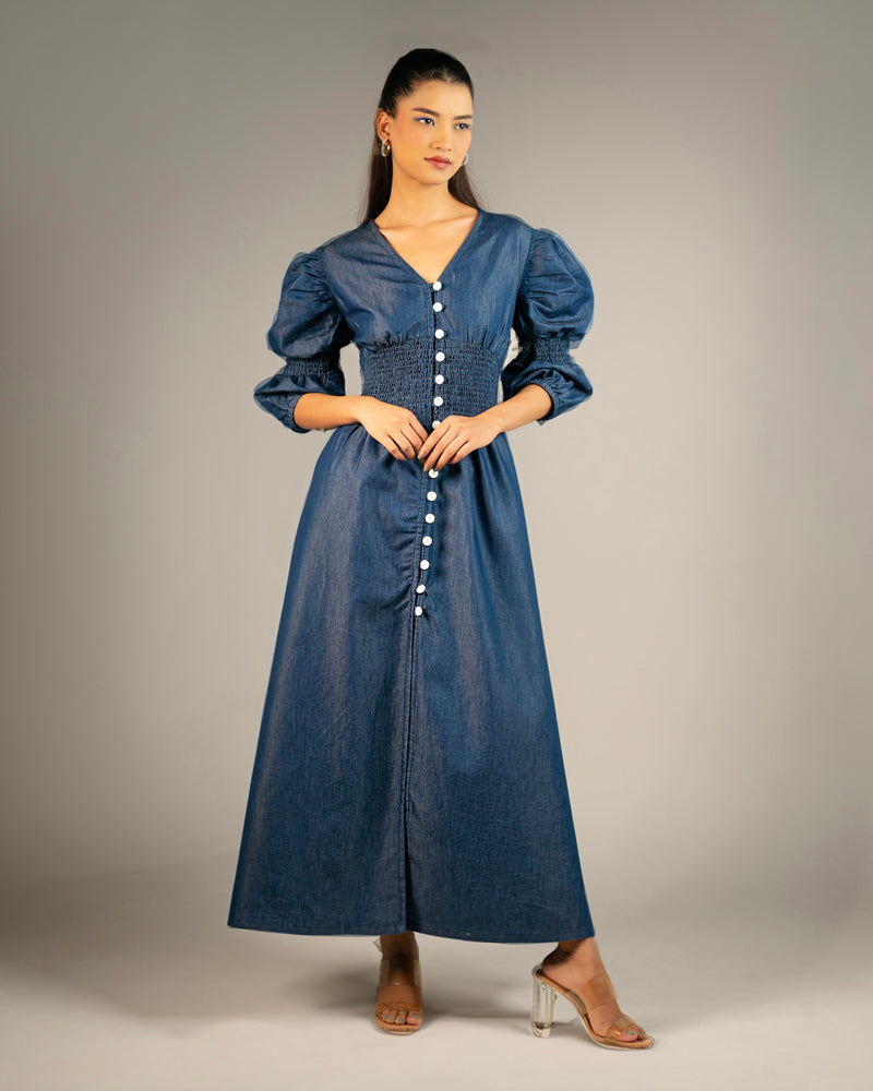 Puff Sleeve Blue Denim Dress for Women - Onska