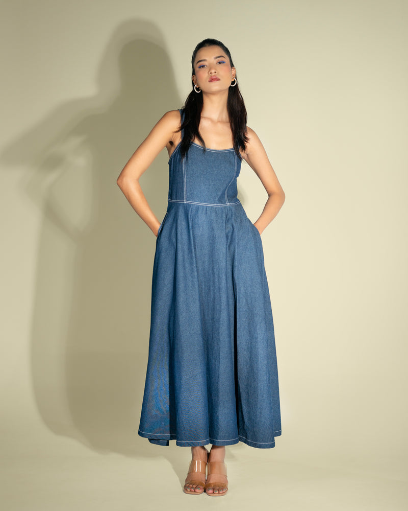 Sleeveless Blue Denim Midi Dress for Women - Onska