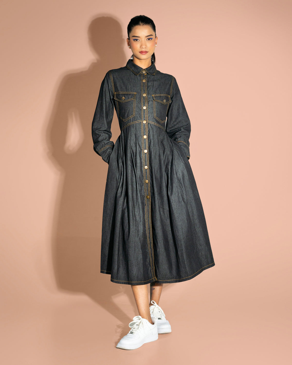 Black Midi Denim Dress for Women - Onska
