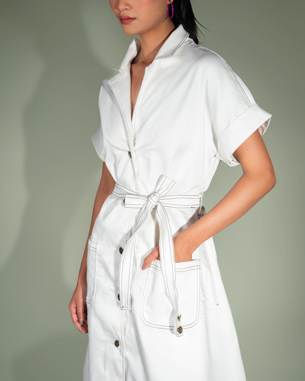 Onska Belted Shirt White Denim Dress