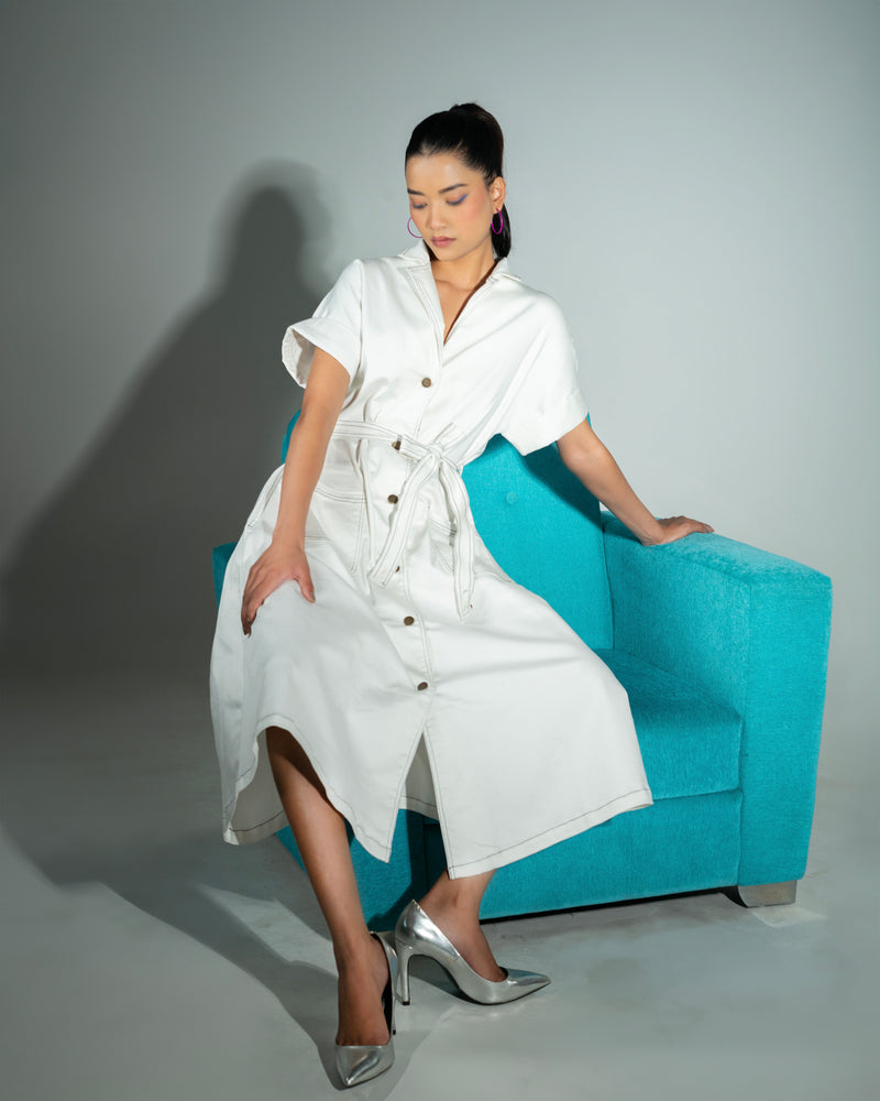 Belted White Denim Dress for Women - Onska