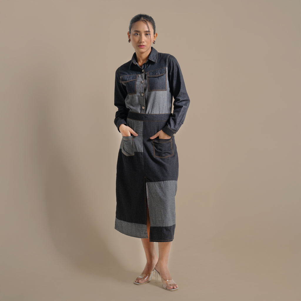 Onska Monochrome Patchwork Denim Dress