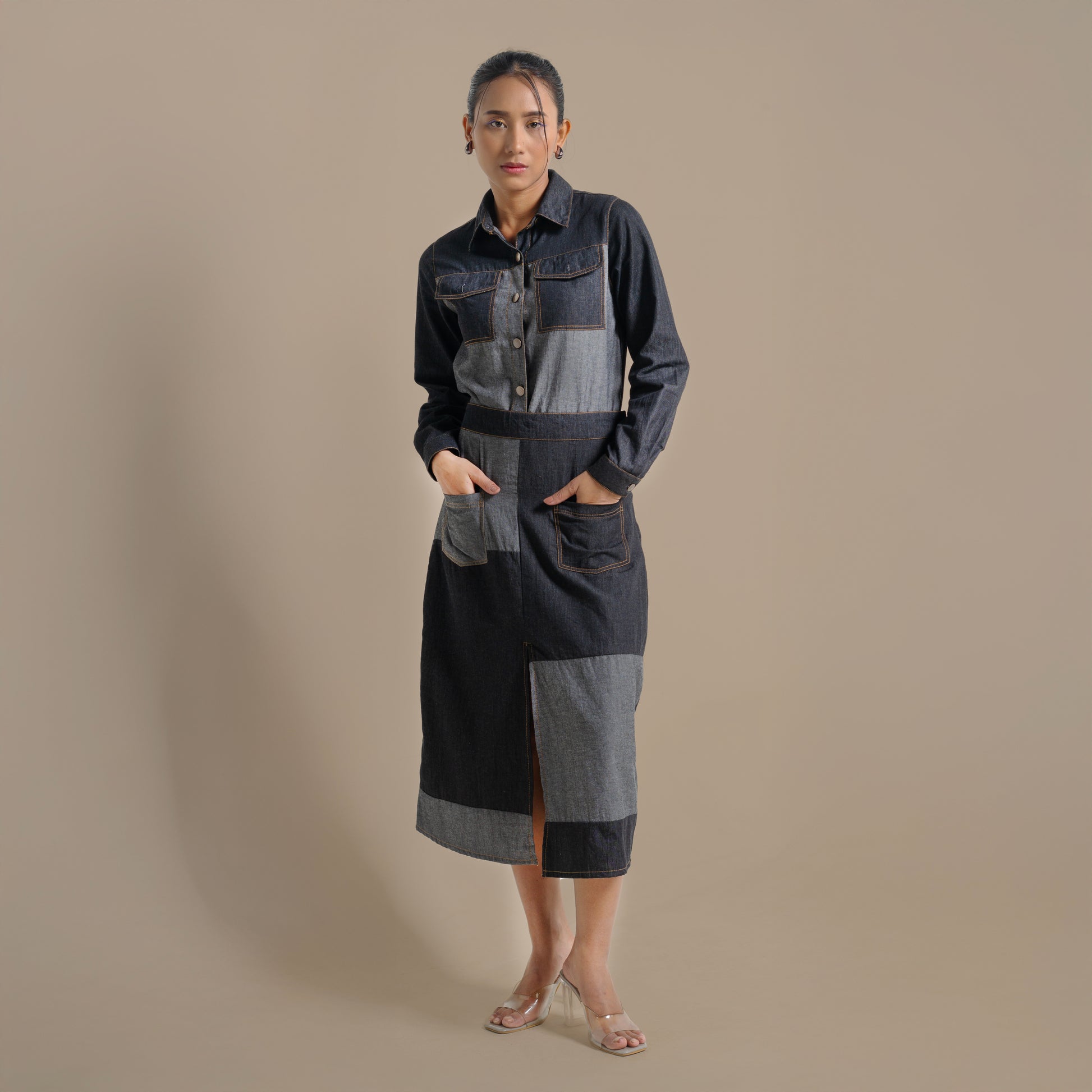 Onska Monochrome Patchwork Denim Dress