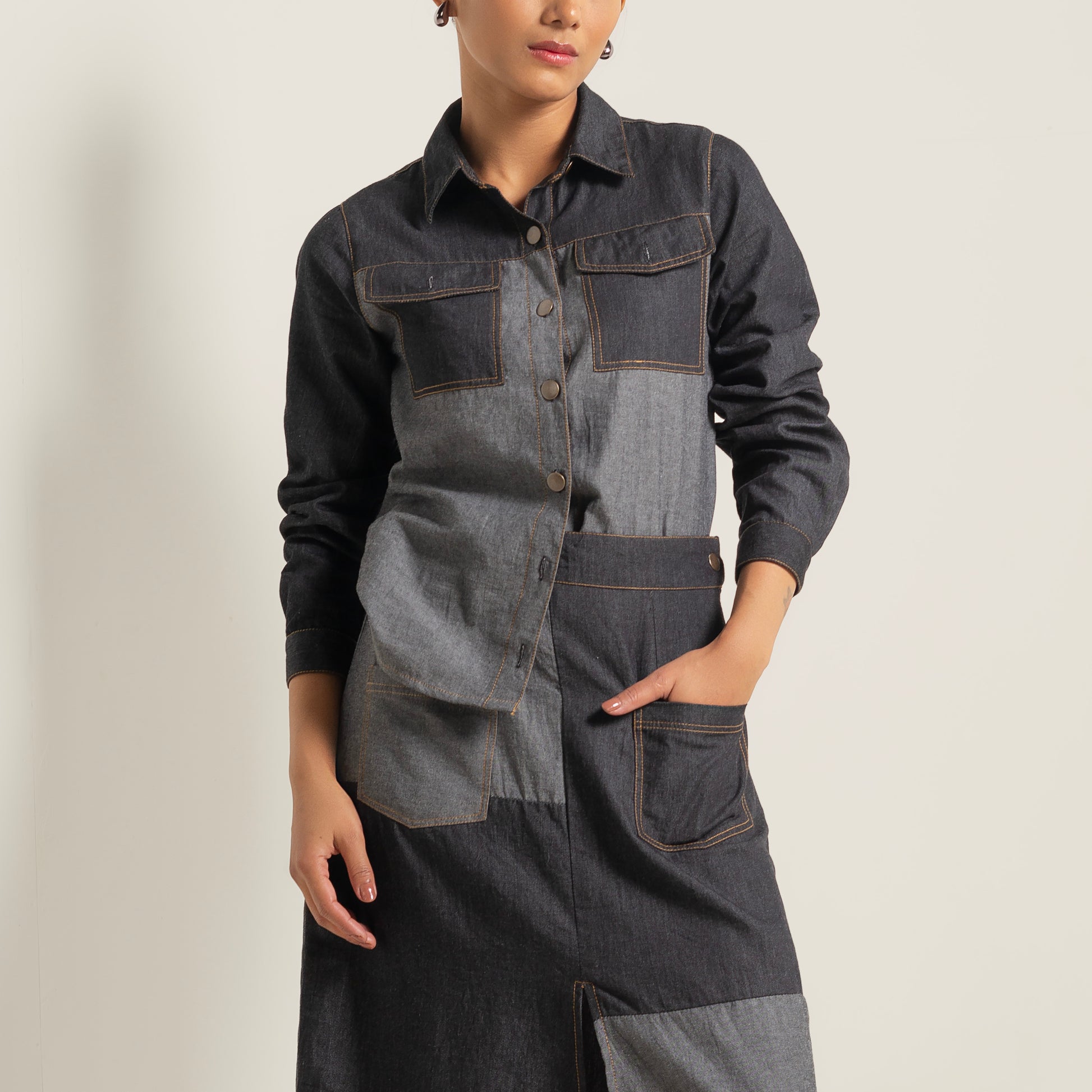 Onska Monochrome Patchwork Denim Dress