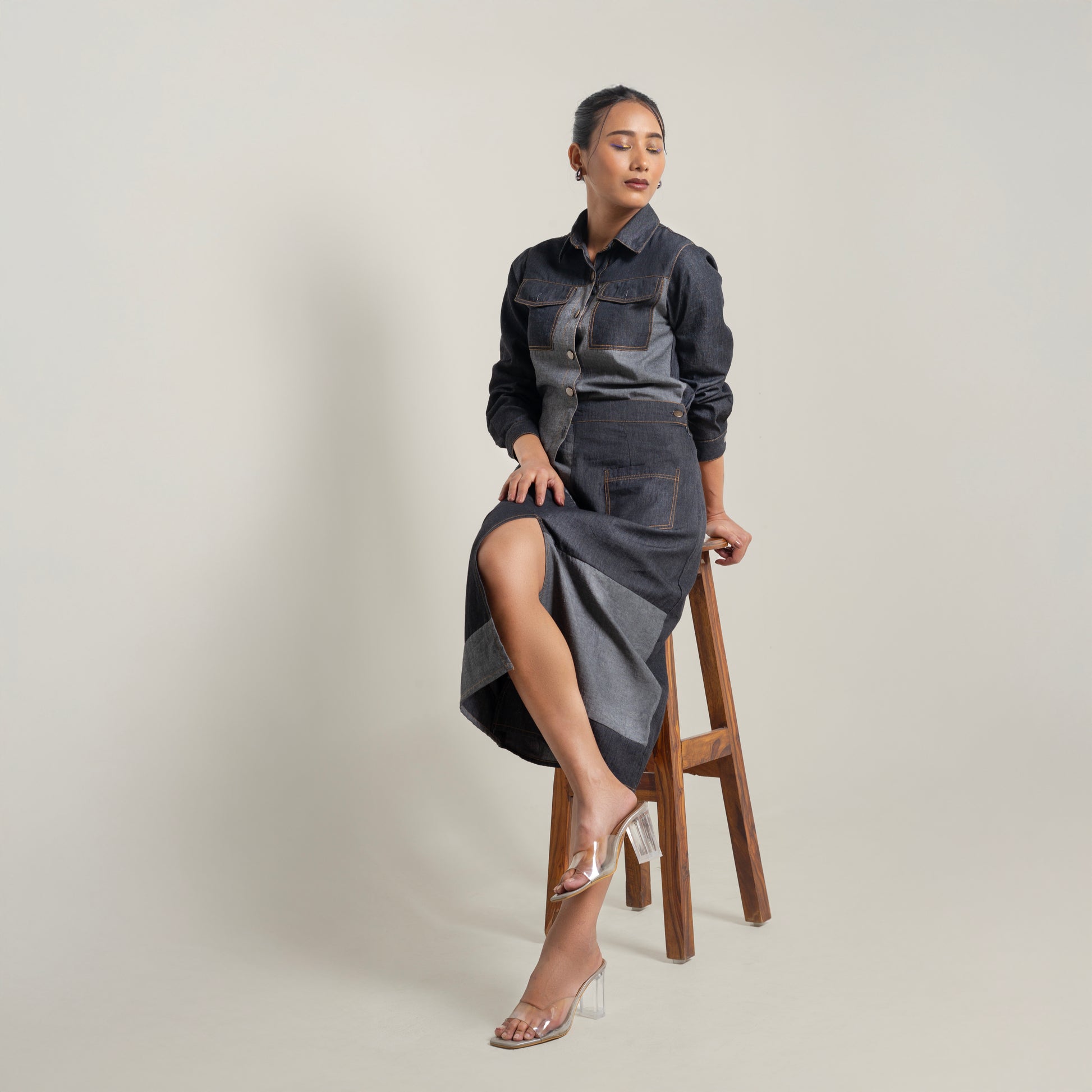 Onska Monochrome Patchwork Denim Dress