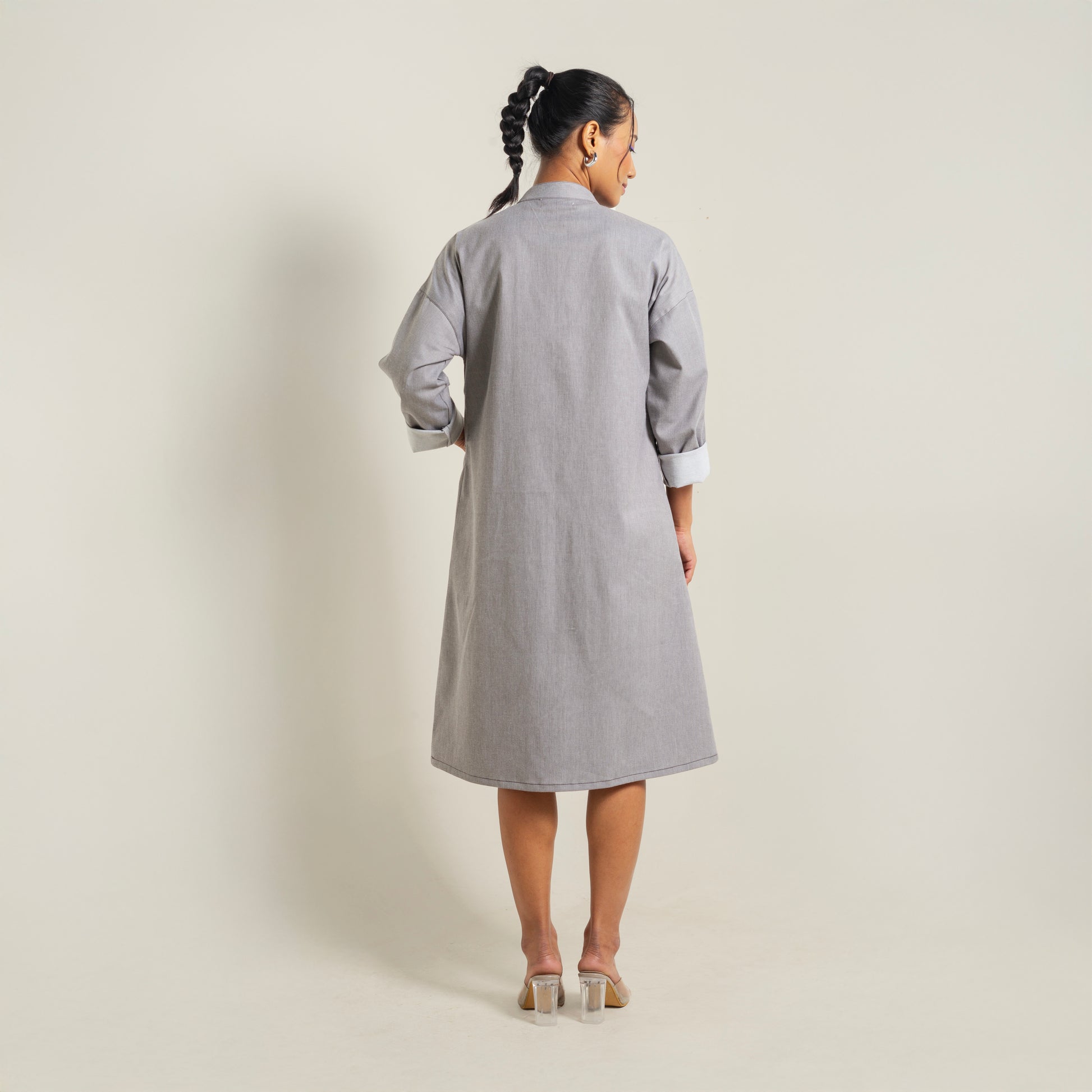 ONSKA ASH GREY UTILITY MIDI DENIM DRESS
