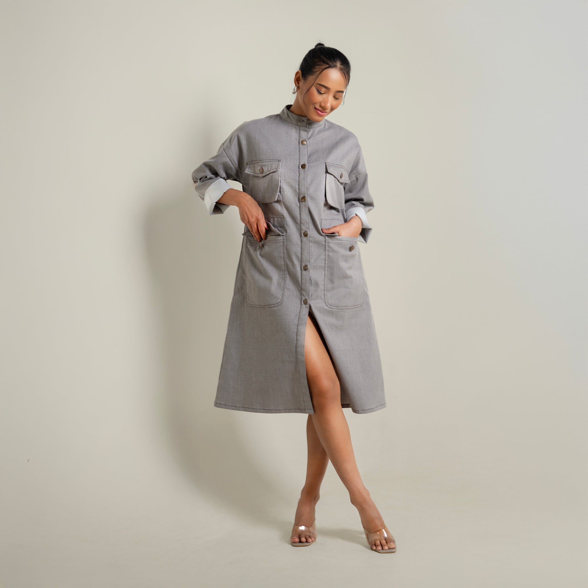 ONSKA ASH GREY UTILITY MIDI DENIM DRESS