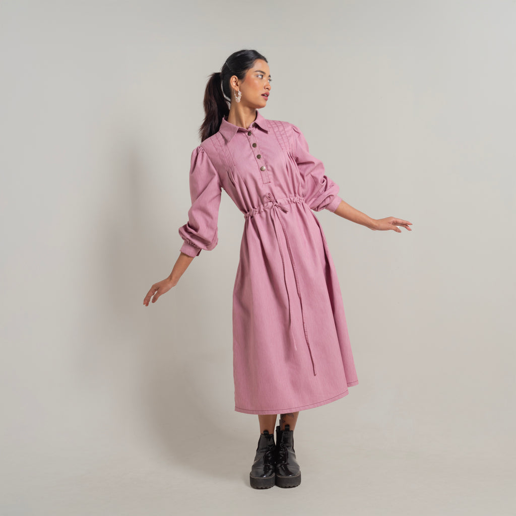 Onska Dusty Rose Cinched Shirt Denim Dress