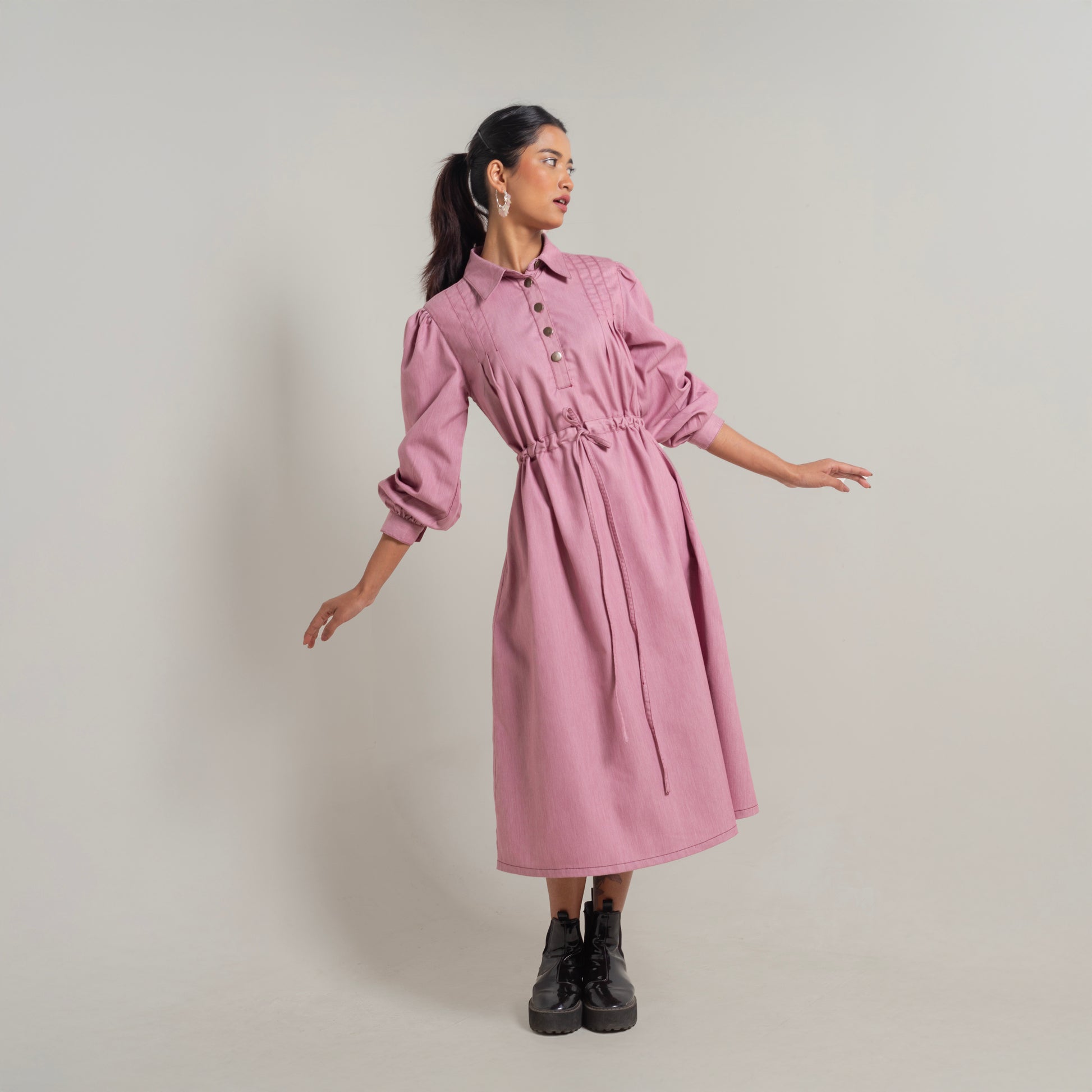 Onska Dusty Rose Cinched Shirt Denim Dress