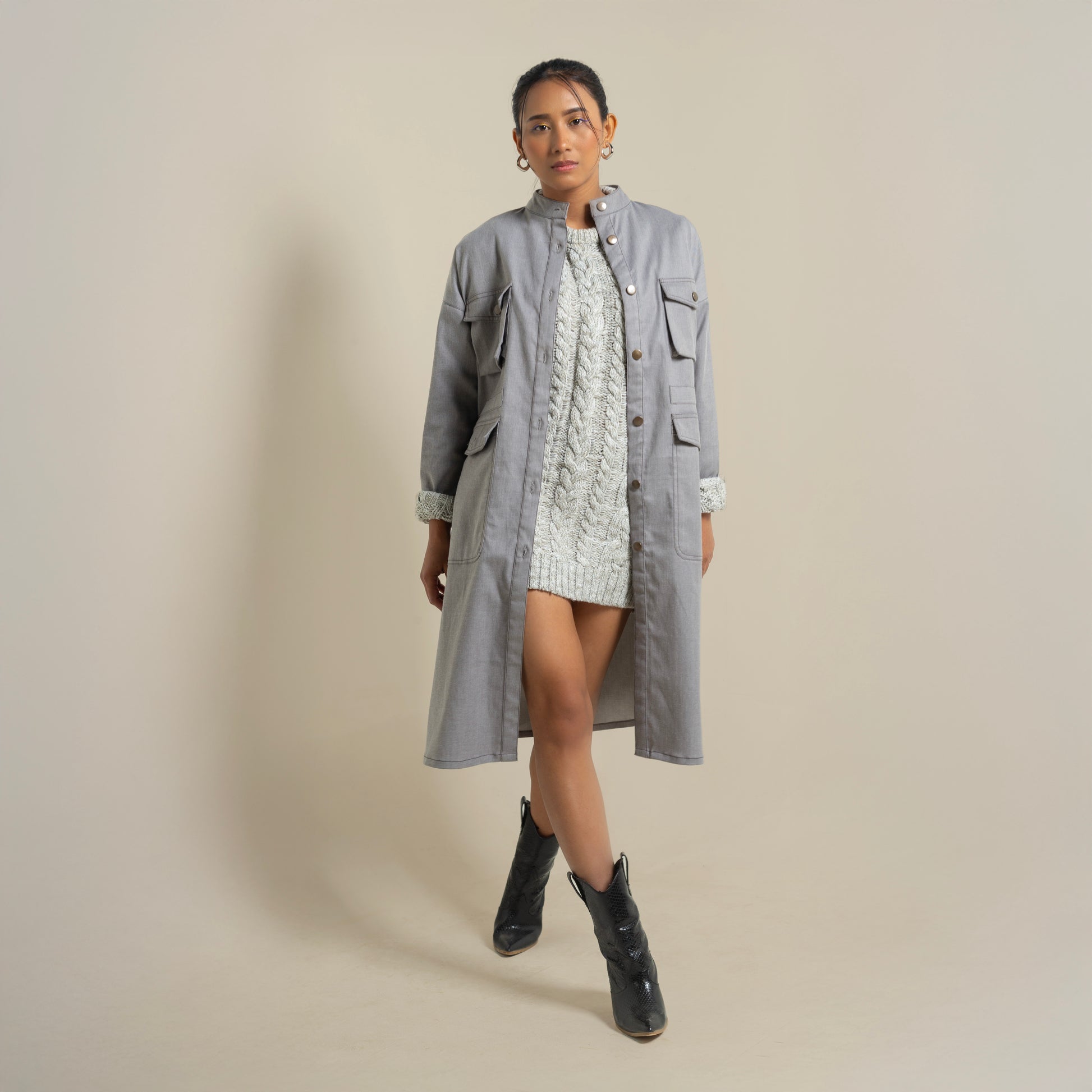 ONSKA ASH GREY UTILITY MIDI DENIM DRESS