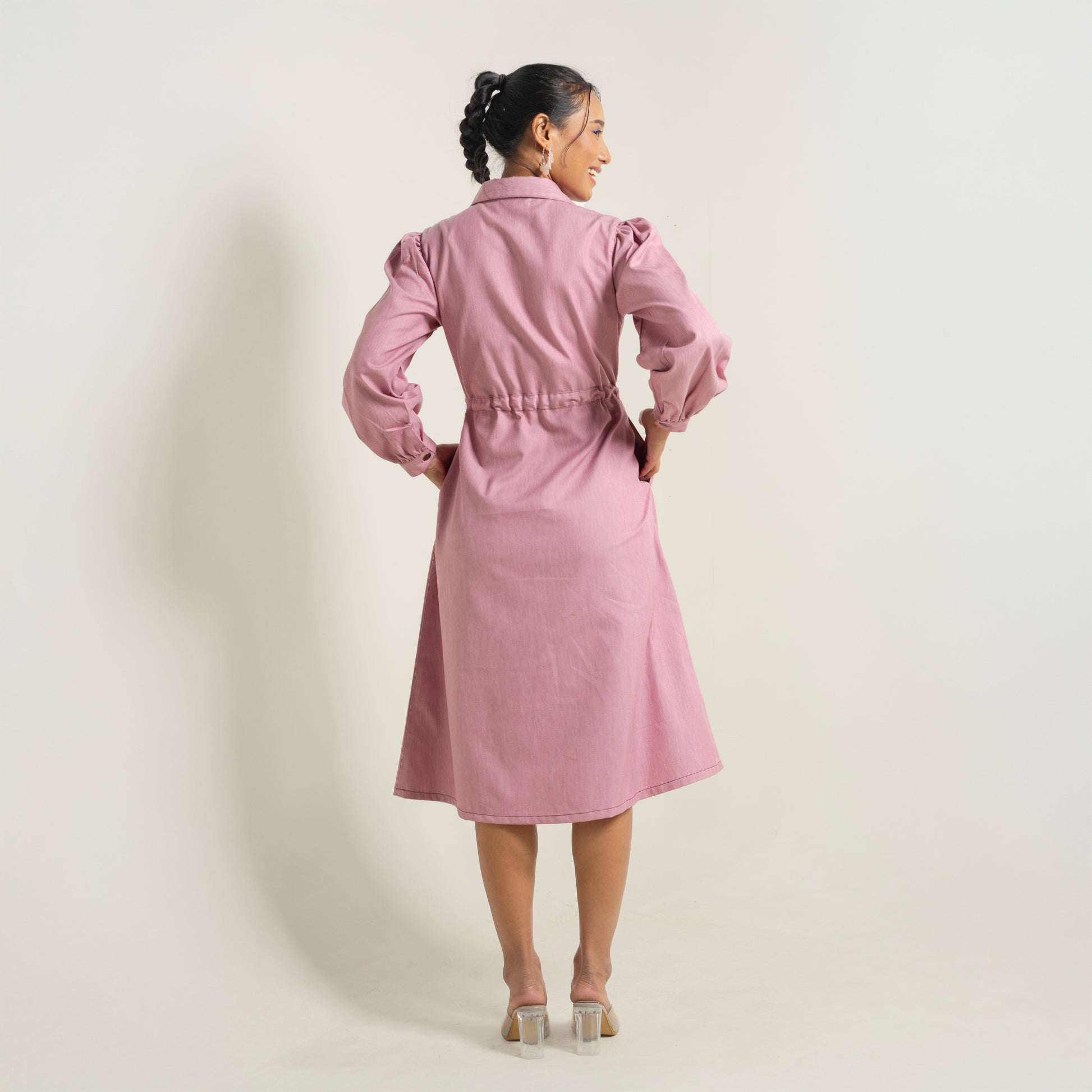 Onska Dusty Rose Cinched Shirt Denim Dress