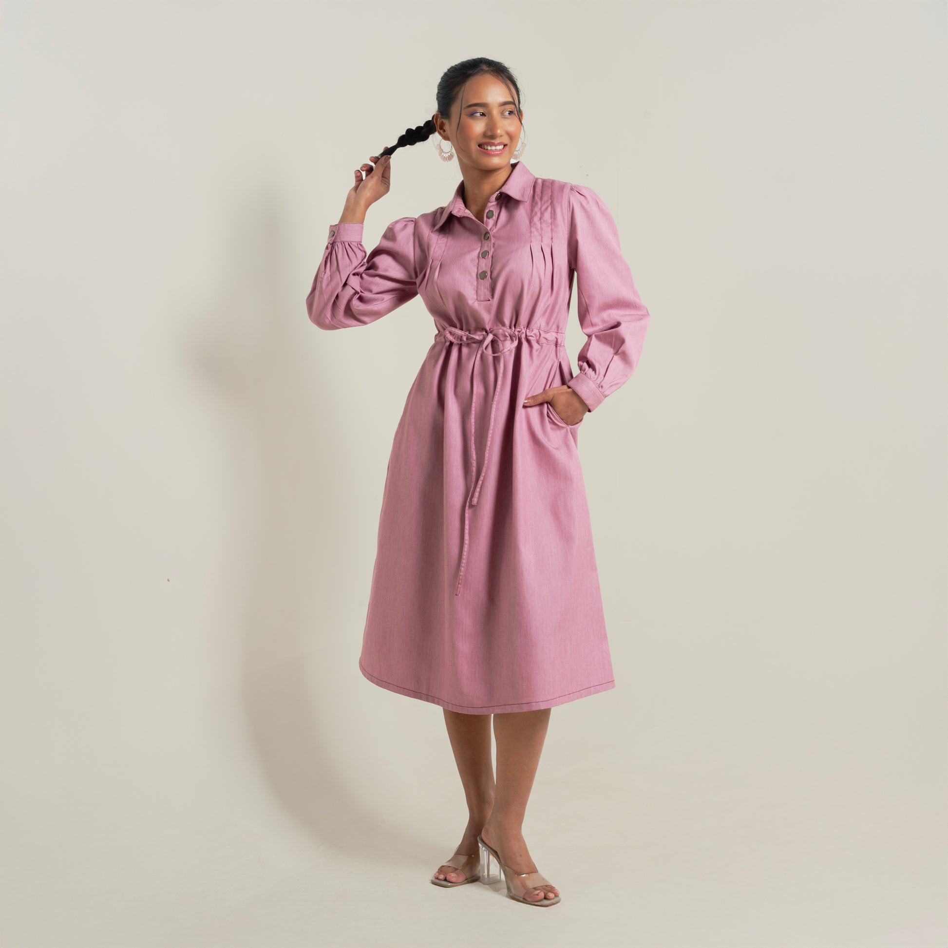Onska Dusty Rose Cinched Shirt Denim Dress