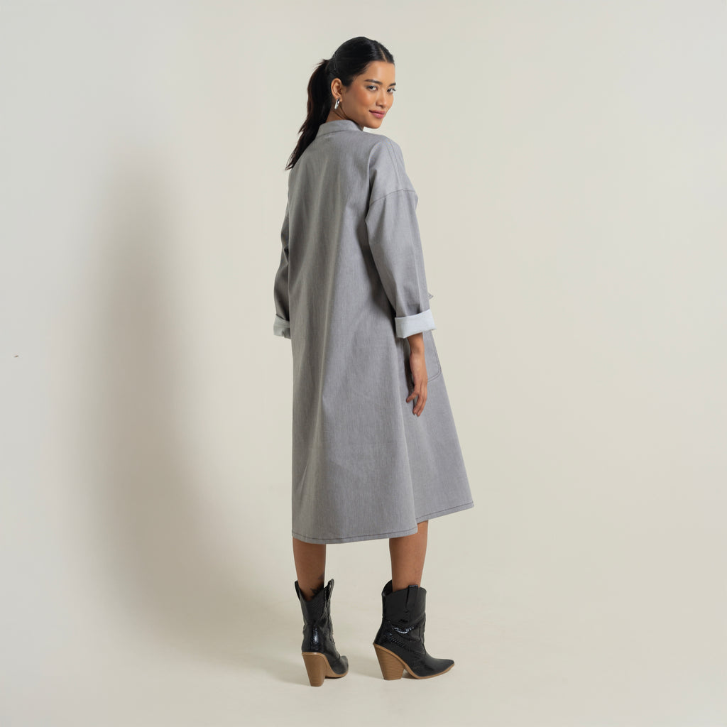 ONSKA ASH GREY UTILITY MIDI DENIM DRESS